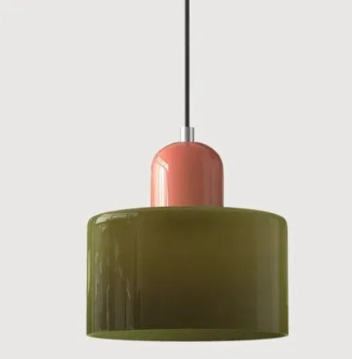 Retro Stained Glass Cylinder Pendant Light in Pastel Colors for Bedside