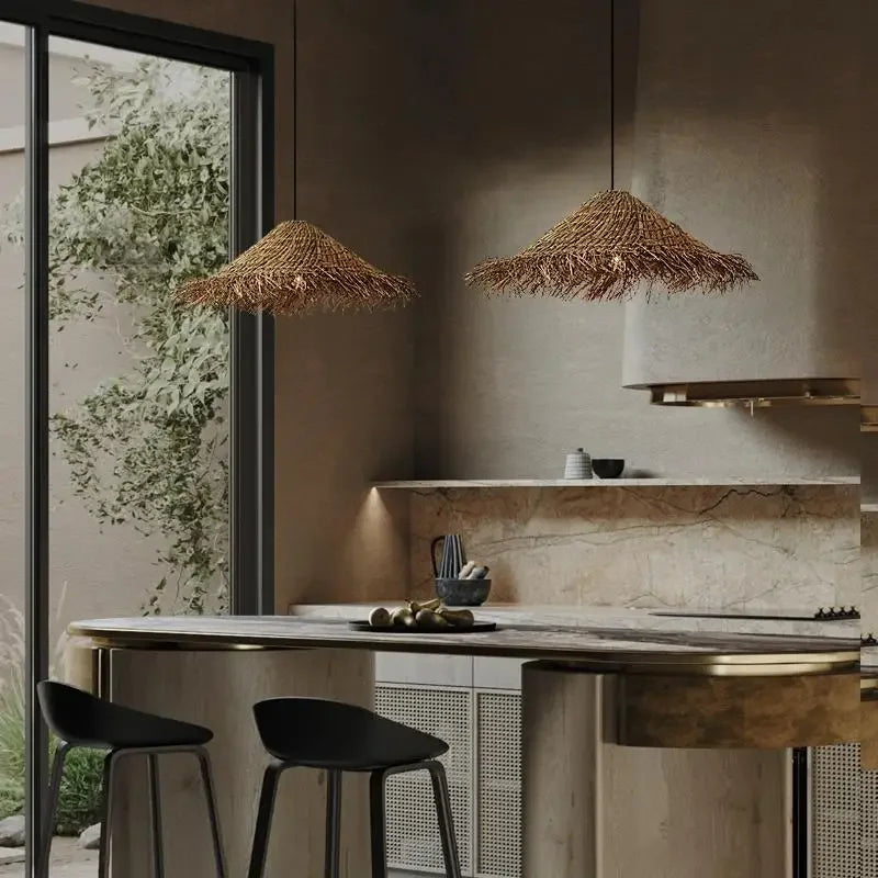 Lámpara colgante japonesa de ratán tejida a mano Wabi Sabi, estilo retro, para hogar, con bombilla de luz cálida