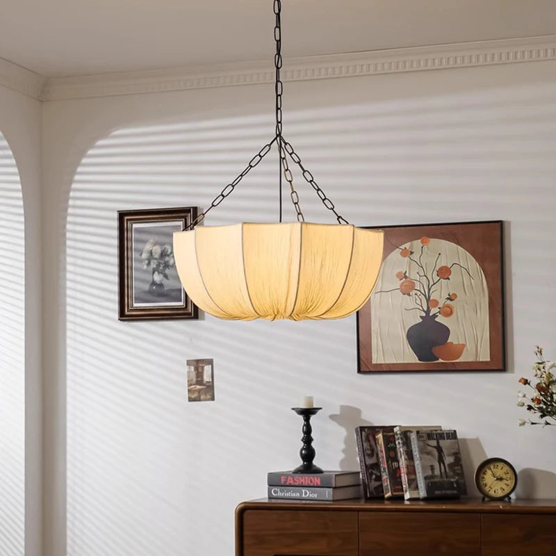 Wabi Sabi Pleated Fabric Lotus Chandelier with Iron Chains for Living Room