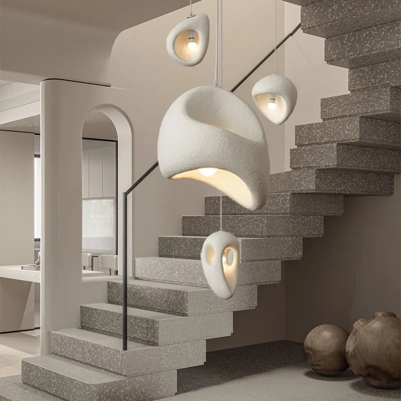 Wabi Sabi Organic Sculpted Pendant Light in White and Gray for Staircase