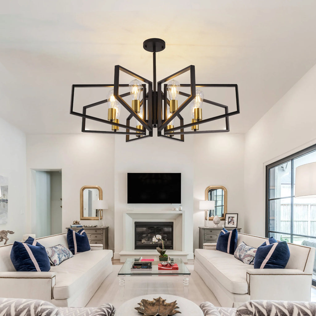 Modern Geometric 8 Light Chandelier in Black and Gold for Dining Room