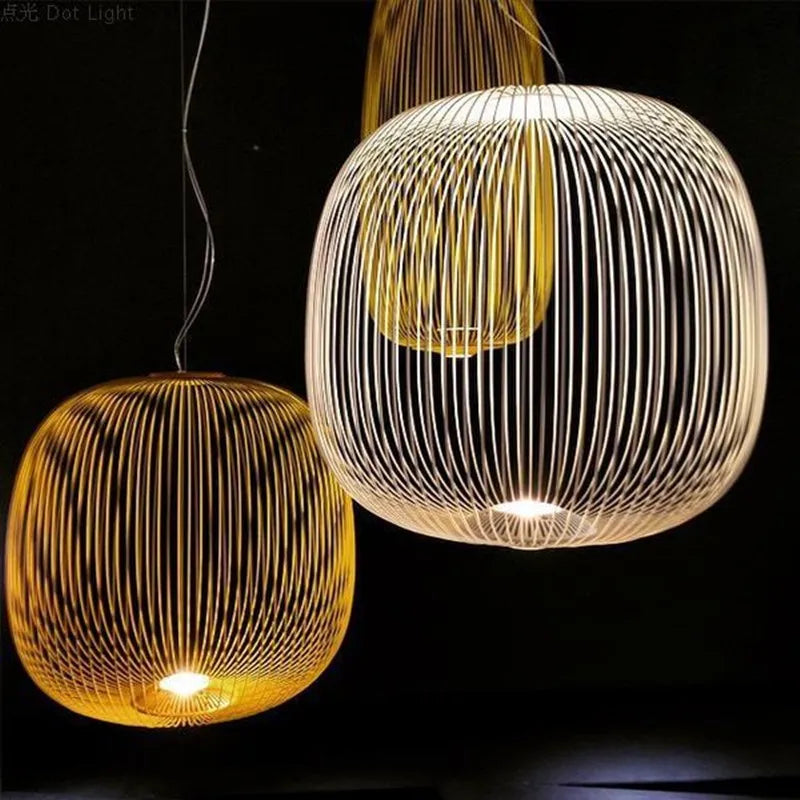 Italian Spokes Wire Cage Pendant Light in Gold for Staircase and Lobby