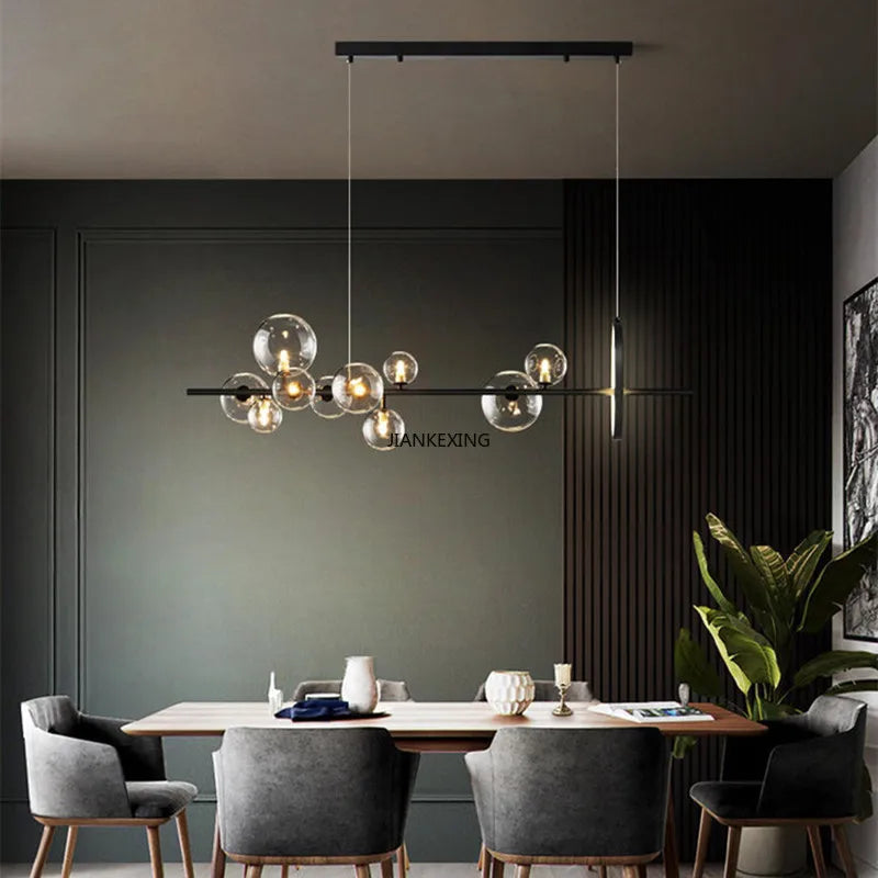 Modern Glass Bubble Linear Chandelier in Black for Dining Table