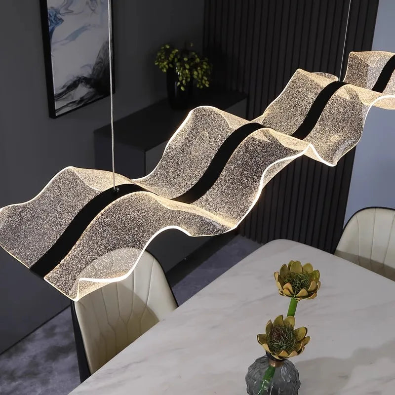 Modern Wave LED Linear Chandelier for Dining Table in Black Gold and White