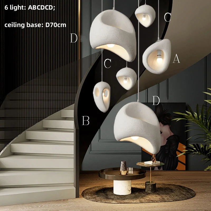 Wabi Sabi Organic Sculpted Pendant Light in White and Gray for Staircase