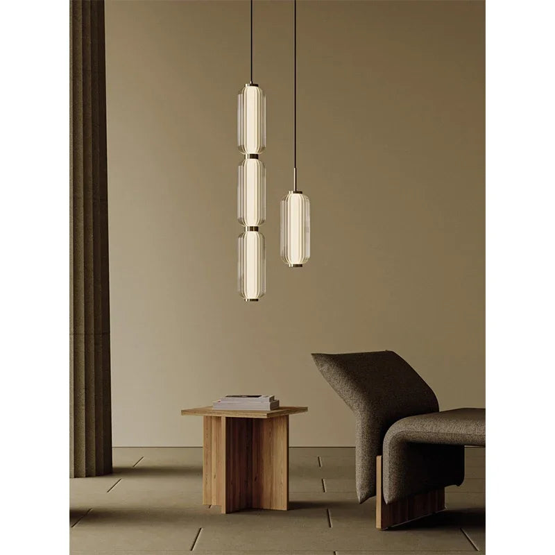 Modern Stacked Ribbed Glass Capsule Pendant Light in Black and Copper