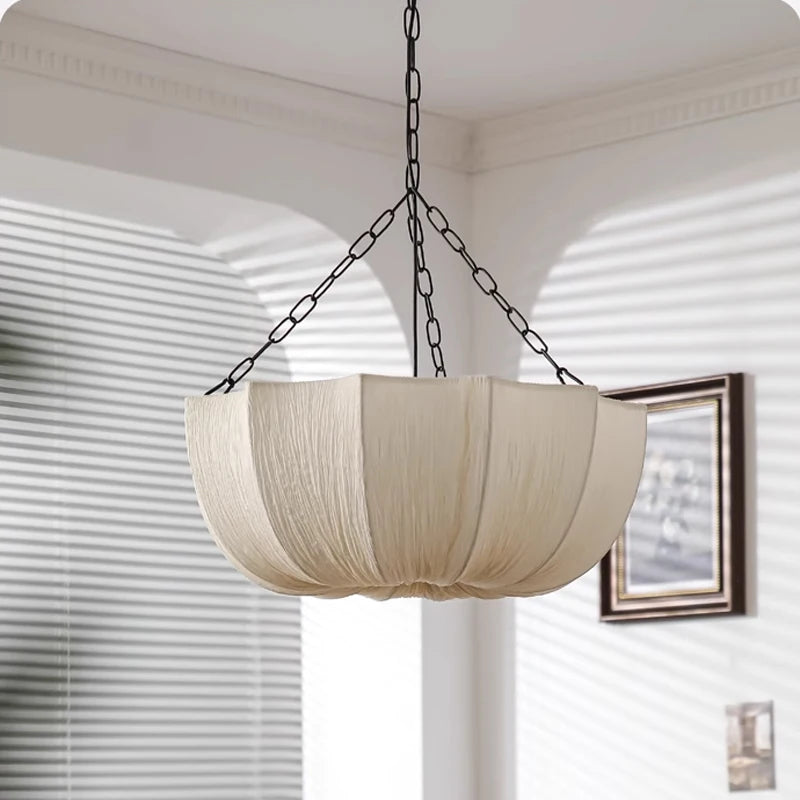 Wabi Sabi Pleated Fabric Dome Chandelier on Black Chains for Bedroom