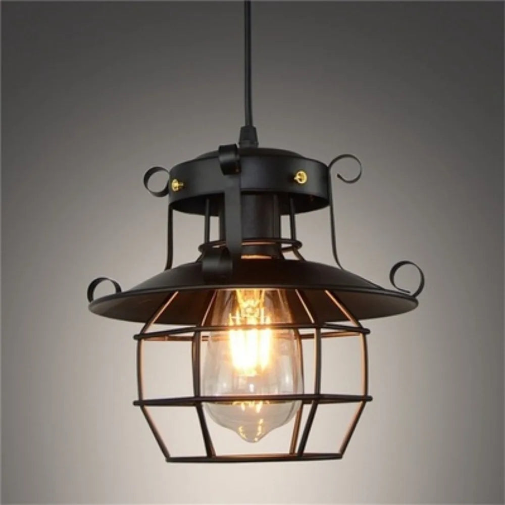 Industrial Black Caged Lantern Pendant Light for Bar and Hallway
