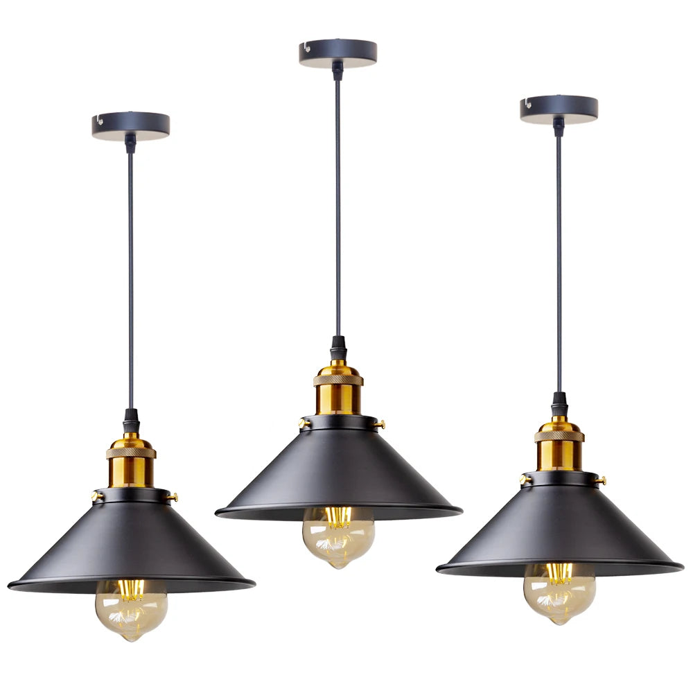 Retro Industrial Black Cone Pendant Light with Brass Fitting for Kitchen
