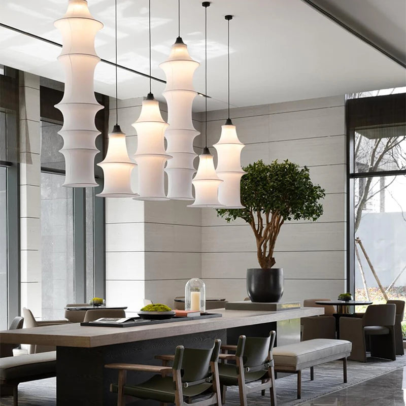 Wabi Sabi Silk Pagoda Column Pendant Light for Staircase and Loft