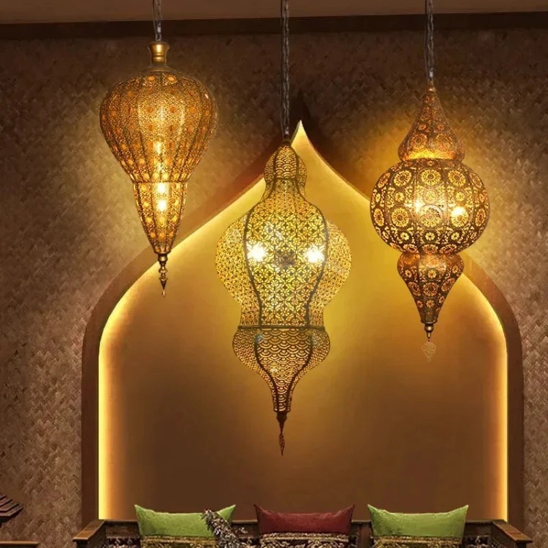 Moroccan Carved Brass Lantern Pendant Light for Restaurant and Hallway
