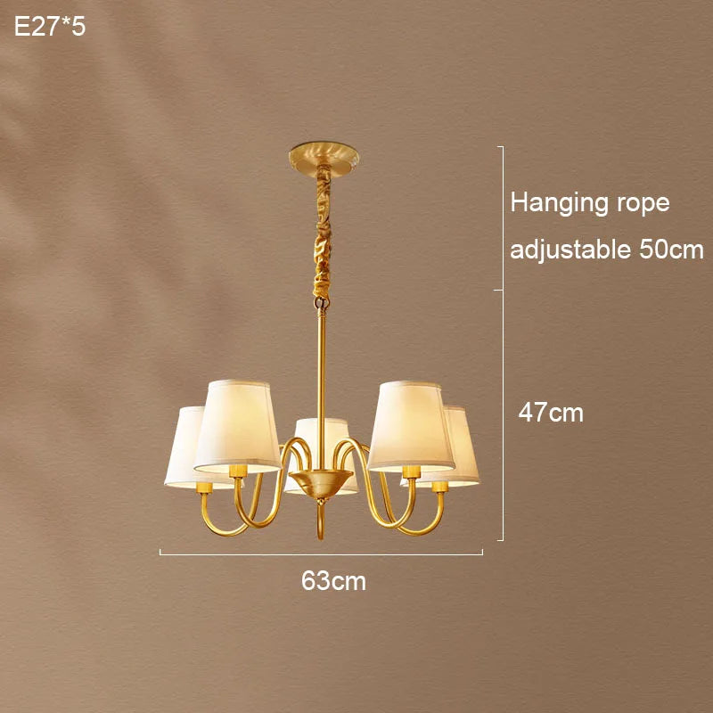 Lámpara colgante de cobre para sala de estar medieval, candelabro de cobre retro para comedor, lámpara colgante de tela moderna de lujo para dormitorio, iluminación colgante simple