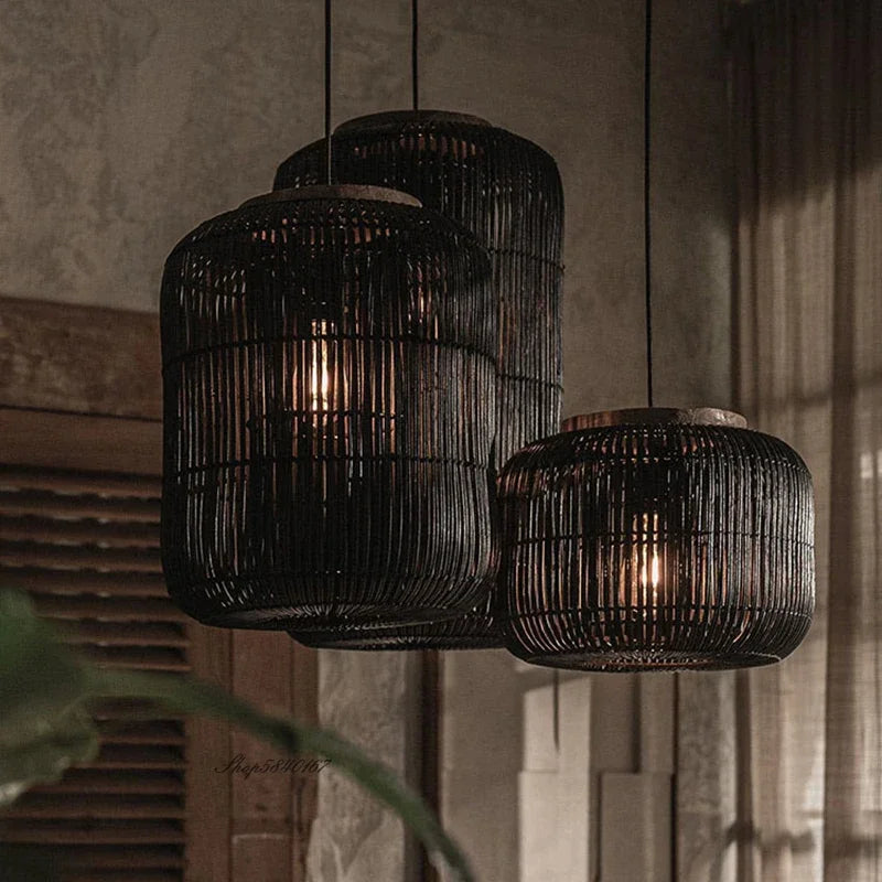 Vintage Bamboo Pendant Ceiling Light with Crystal Accents
