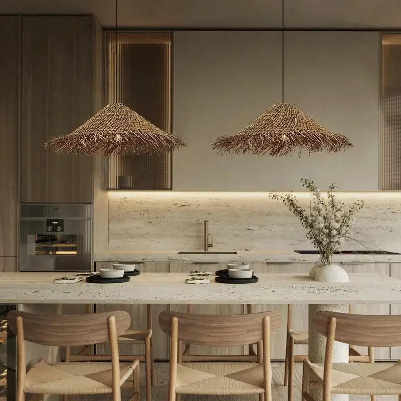 Lámpara colgante japonesa de ratán tejida a mano Wabi Sabi, estilo retro, para hogar, con bombilla de luz cálida