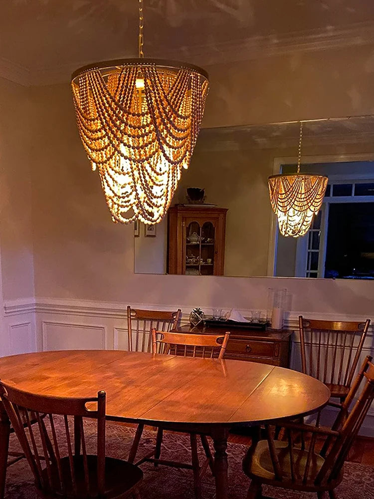 Bohemian Wood Beaded Chandelier with Draped Swags for Entryway