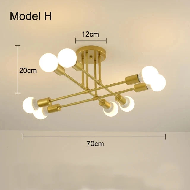 Modern Gold Sputnik Semi Flush Ceiling Light for Bedroom and Living Room
