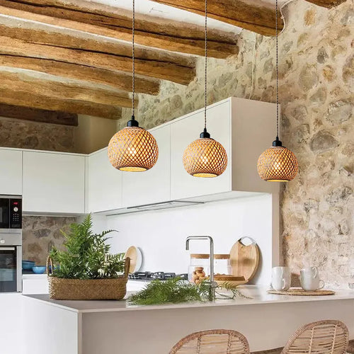 Lámpara Colgante Bohemio Bambú Ratán para Comedor