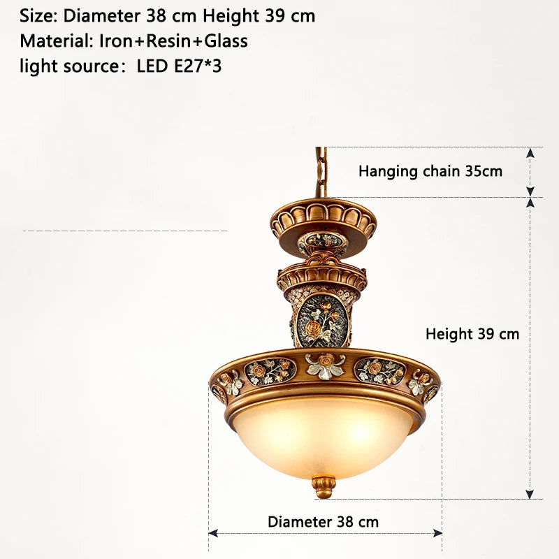 Lámpara colgante de estilo europeo Lámpara de sala de estar Lámpara colgante de hierro y resina para restaurante Retro Villa Dúplex Luminaria