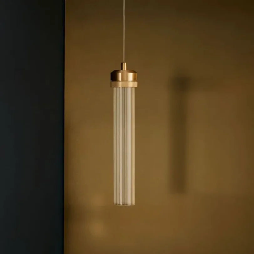 Modern Ribbed Glass Cylinder Pendant Light with Gold Cap for Bedside