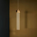 Modern Ribbed Glass Cylinder Pendant Light with Gold Cap for Bedside