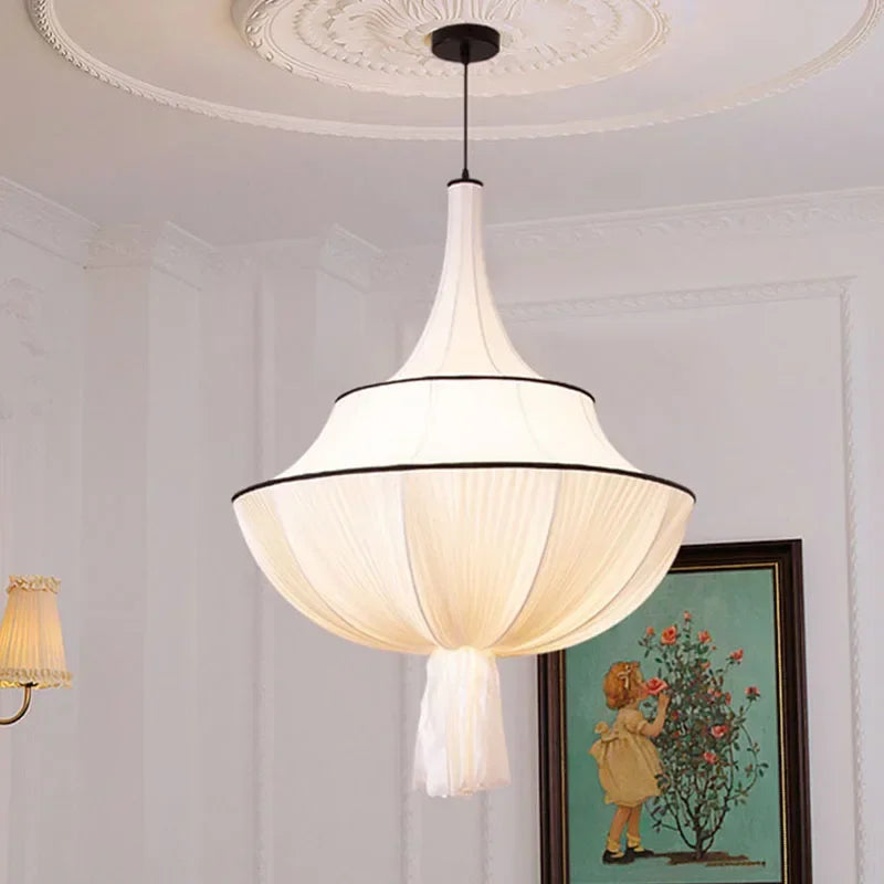 French Draped Fabric Chandelier with Tassel in White for Hotel Lobby