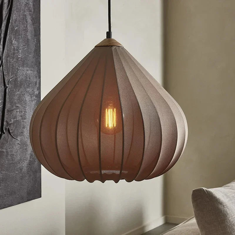 Minimalist Fabric Pendant Light with Wood Accent