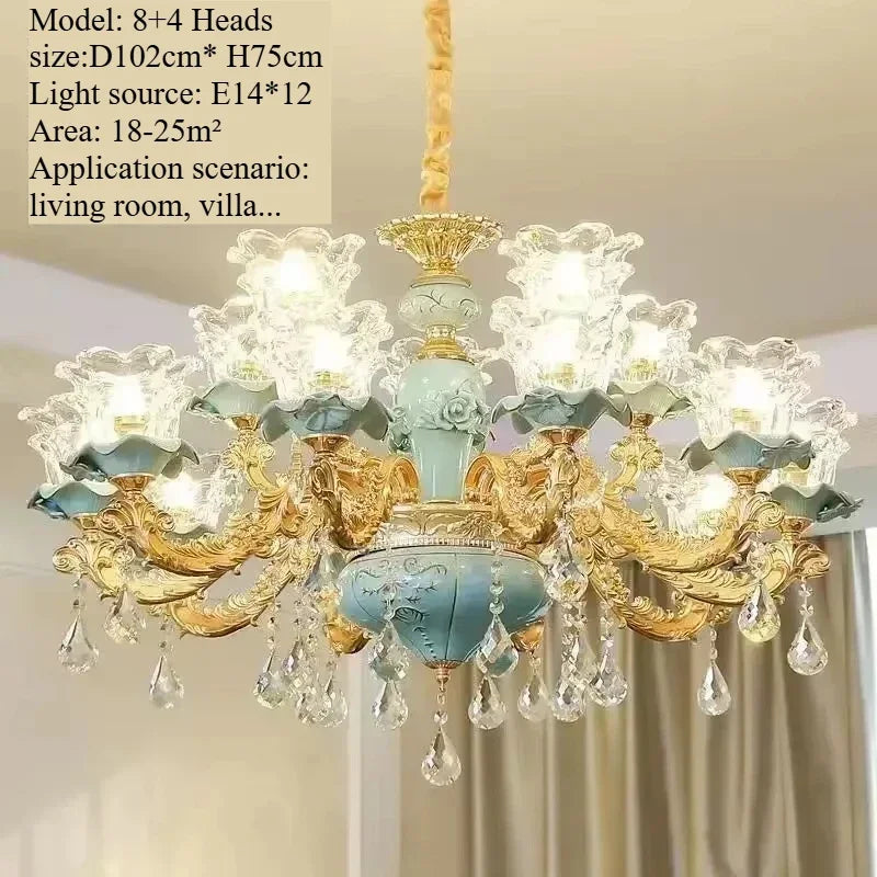 Lámpara de araña de cristal de lujo, cerámica azul, para sala de estar, lámpara de techo de villa, dormitorio, comedor, accesorios de iluminación para decoración del hogar.