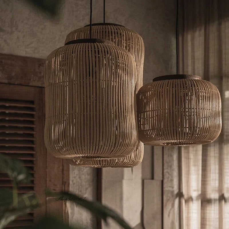 Vintage Bamboo Pendant Ceiling Light with Crystal Accents