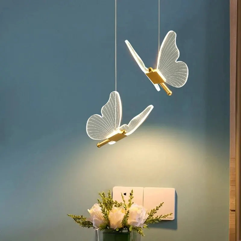 Butterfly LED Pendant Light in Gold with Clear Wings for Bedside