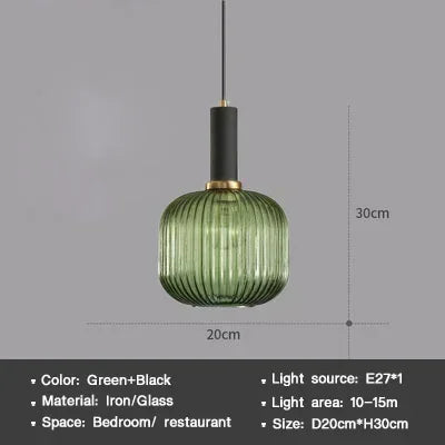 Vintage Striped Glass Pendant Light in Green Gray and Amber for Kitchen Island