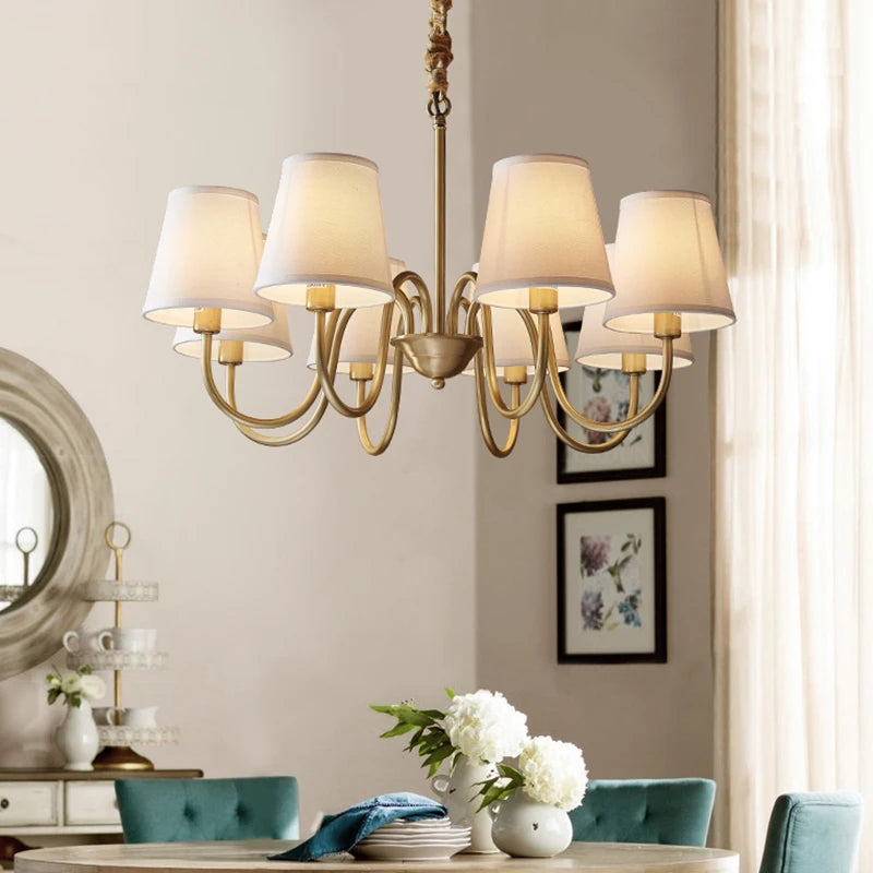 Lámpara colgante de cobre para sala de estar medieval, candelabro de cobre retro para comedor, lámpara colgante de tela moderna de lujo para dormitorio, iluminación colgante simple