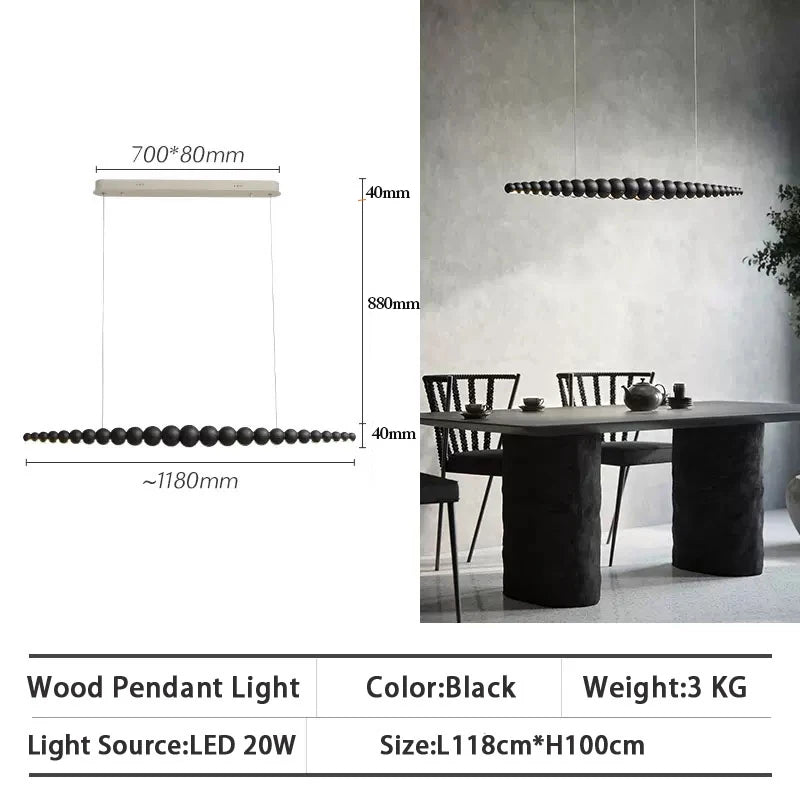 Modern Wood Bead Linear LED Pendant Light for Dining Table and Kitchen Island