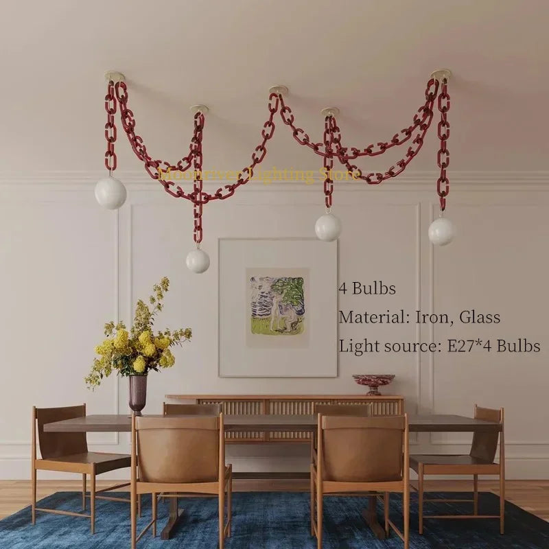 Art Deco Glass Chain Swag Pendant Light with Opal Globes for Dining Room