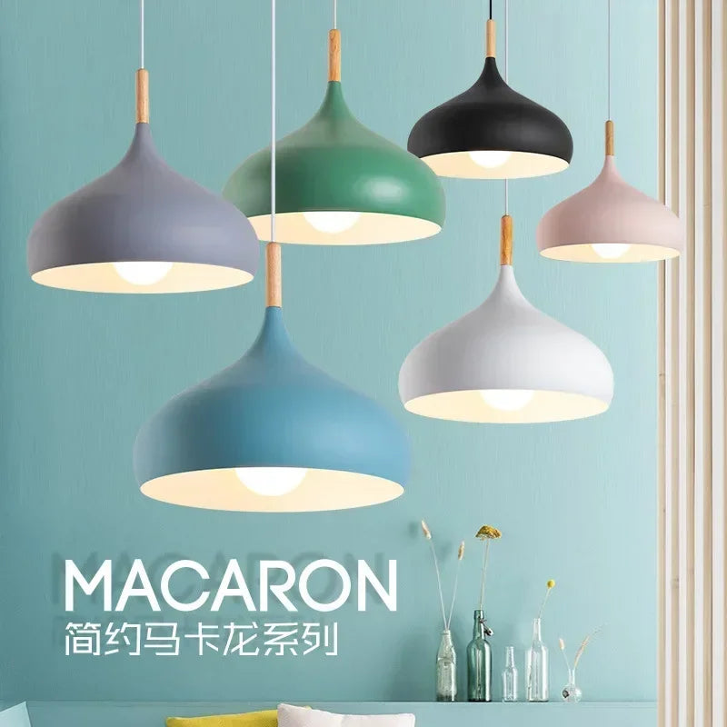 Nordic Matte Dome Pendant Light with Wood Top in Blue for Dining Room