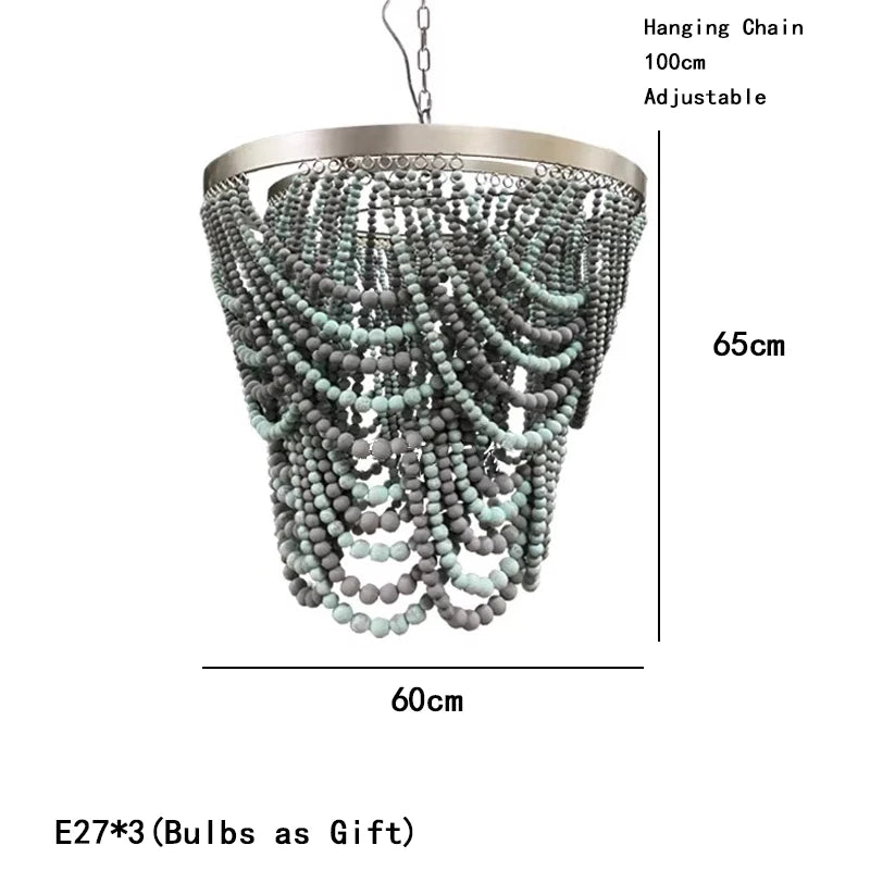 Bohemian Wood Beaded Chandelier with Draped Swags for Entryway