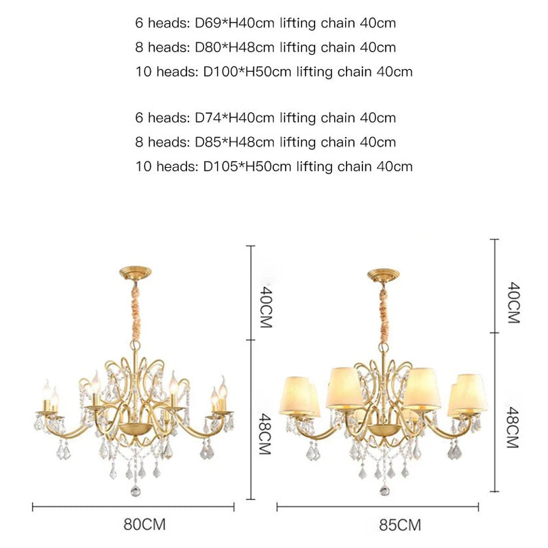 Lámparas de araña clásicas doradas, luces de techo de cristal de hierro forjado, lámpara colgante para sala de estar, dormitorio, comedor, iluminación de suspensión.