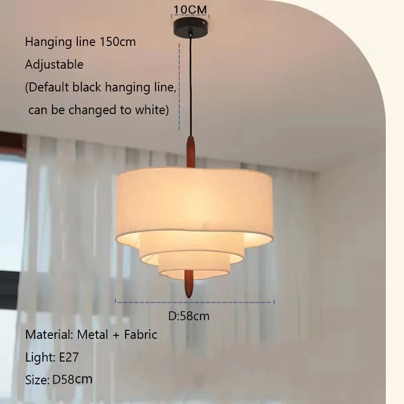 Wabi Sabi Linen Tiered Drum Chandelier with Walnut Accent for Living Room