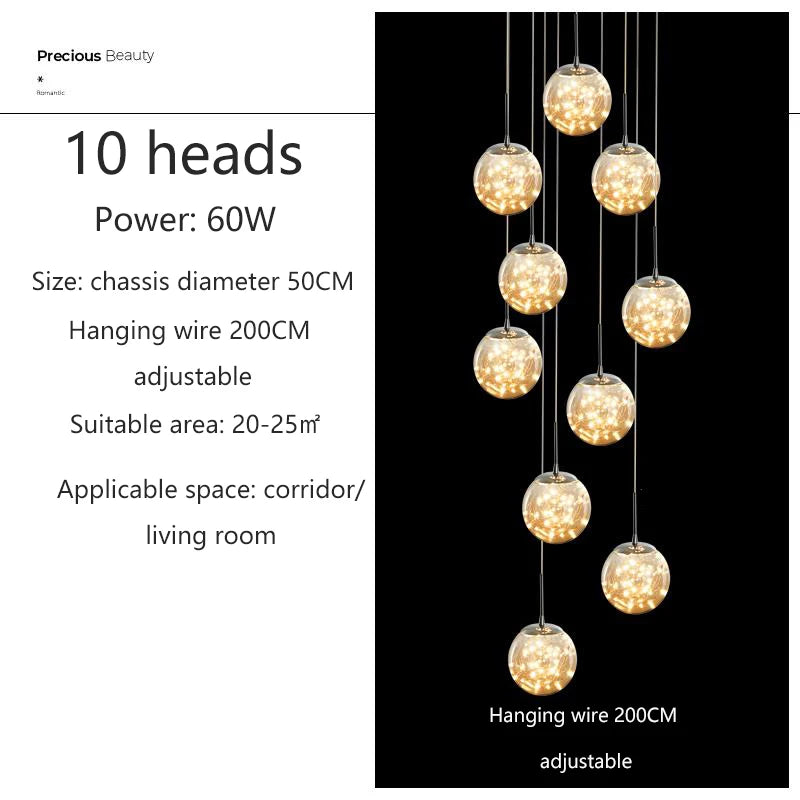 Starry Glass Ball Cluster Chandelier for Staircase in Smoky Gray and Cognac