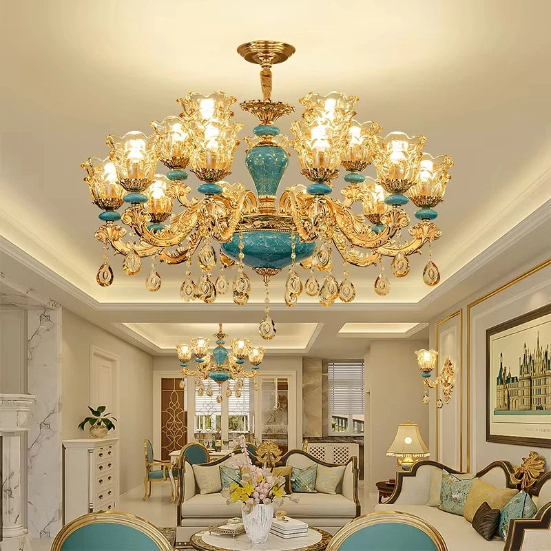 Candelabro de salón de estilo europeo, lámpara de cristal de cerámica de lujo para el hogar, nuevo estilo, sencilla, para dormitorio o restaurante