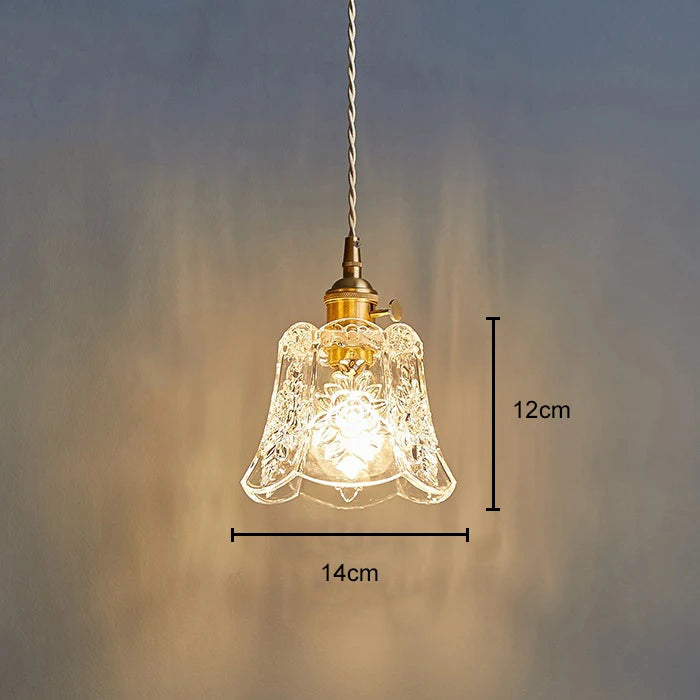 Vintage Textured Flower Glass Pendant Light with Brass Fitting for Bedside