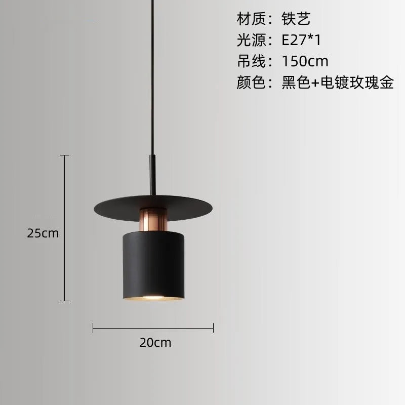 Modern Black Disc and Cylinder Pendant Light with Copper Glow for Bedside
