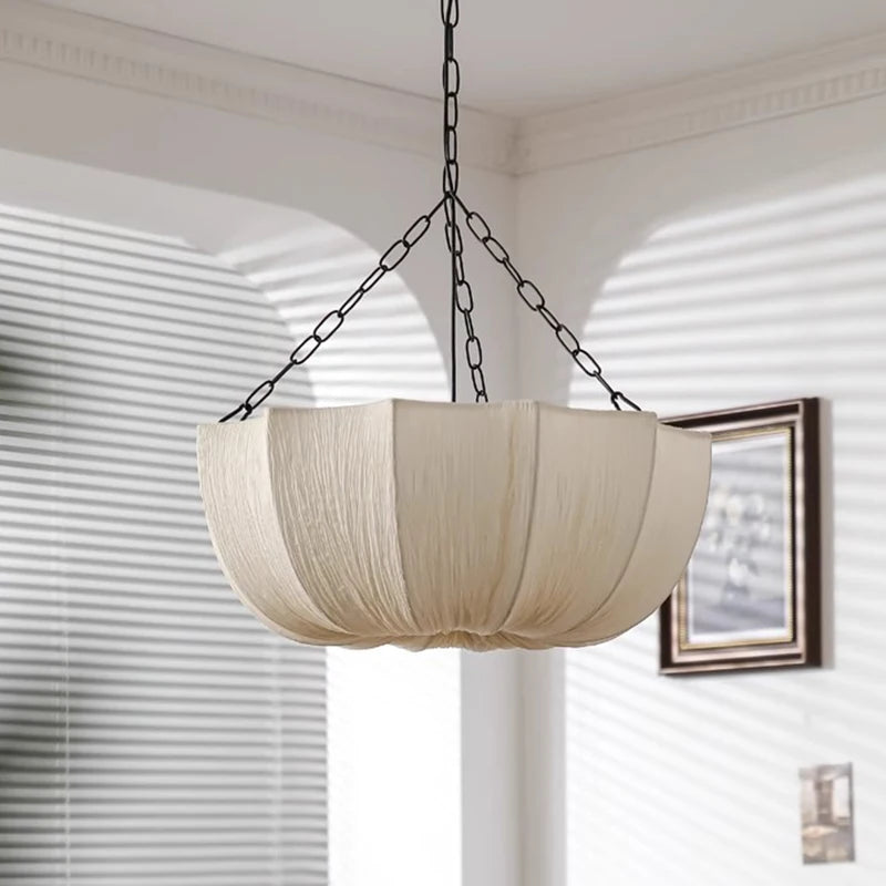 Wabi Sabi Pleated Fabric Lotus Chandelier with Iron Chains for Living Room