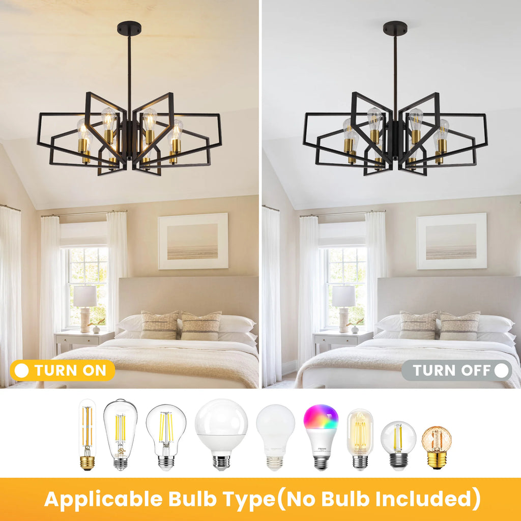 Modern Geometric 8 Light Chandelier in Black and Gold for Dining Room