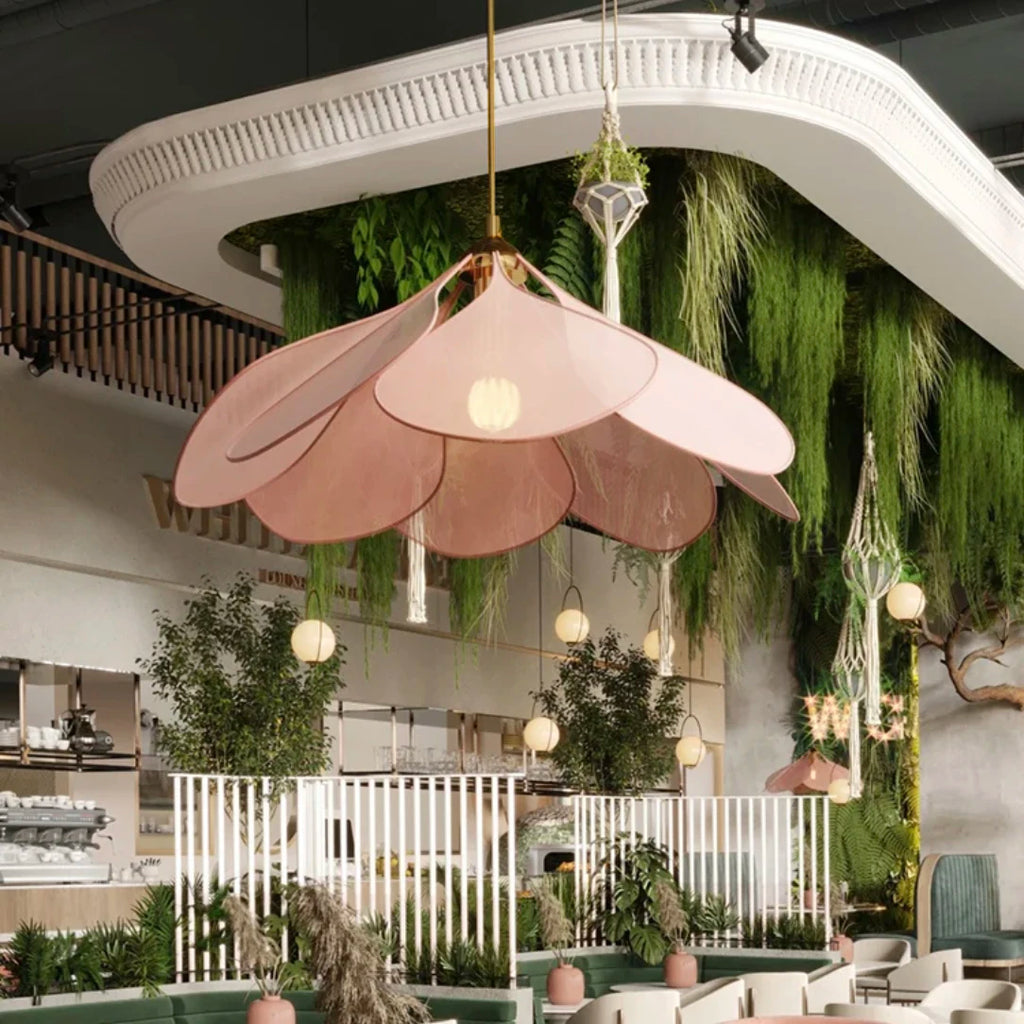 Sheer Petal Flower Fabric Pendant Light in Nine Colors for Bedroom