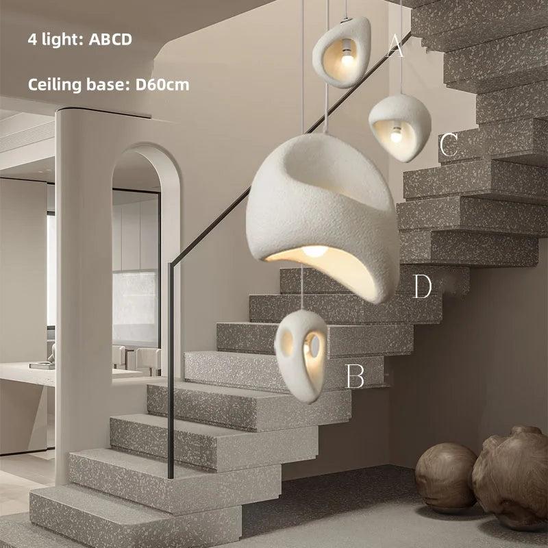 Wabi Sabi Organic Sculpted Pendant Light in White and Gray for Staircase