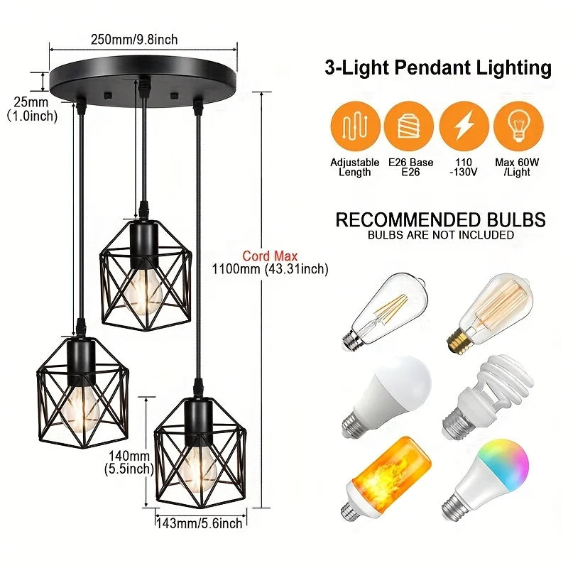 Industrial Black Wire Cage 3 Light Cluster Pendant for Dining Room