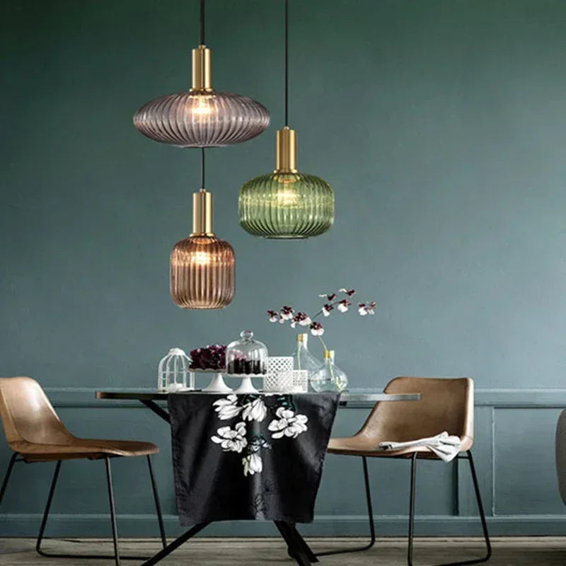 Vintage Striped Glass Pendant Light in Green Gray and Amber for Kitchen Island