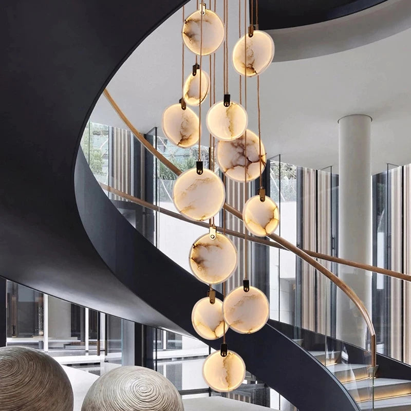 Luxury Alabaster Marble Disc Chandelier for Staircase and Lobby