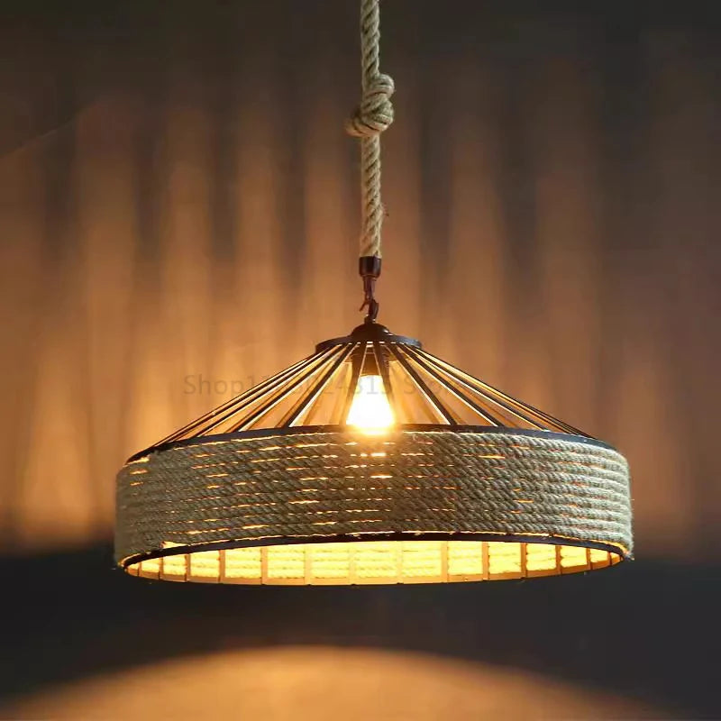 Rustic Hemp Rope Drum Pendant Light with Iron Frame for Dining Room