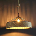 Rustic Hemp Rope Drum Pendant Light with Iron Frame for Dining Room
